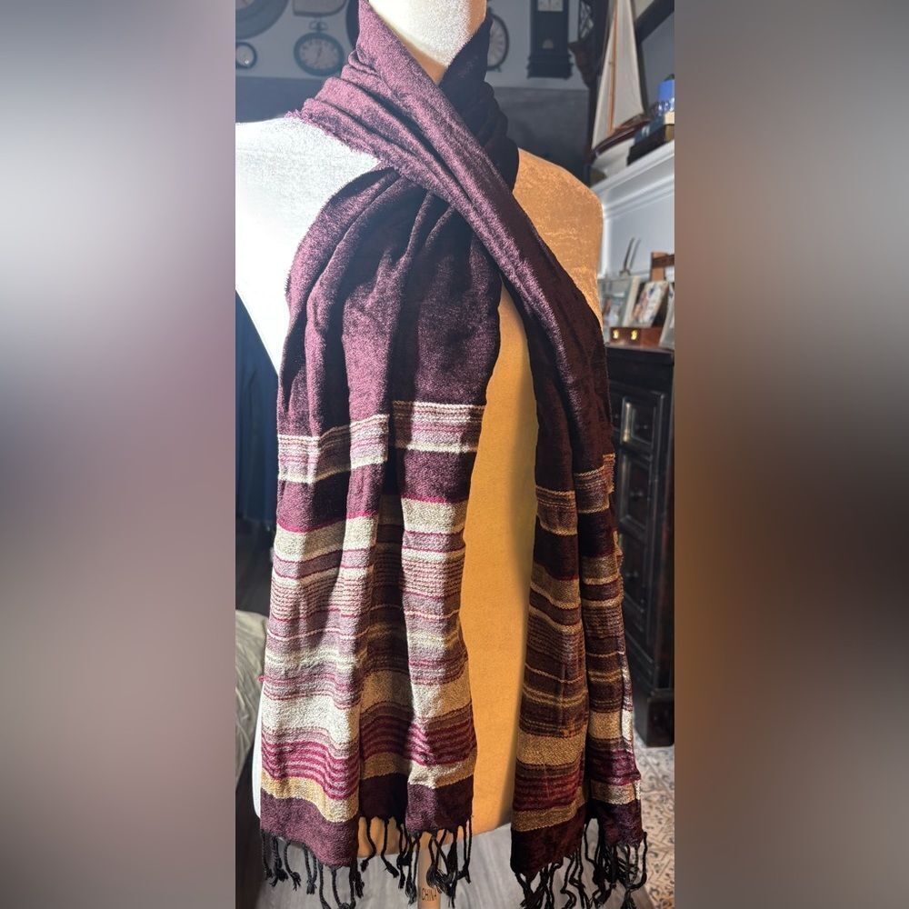 Corrieri Ido Burgundy Stripe Scarf with Fringe EPC Made in Italy 90% Viscose 10%